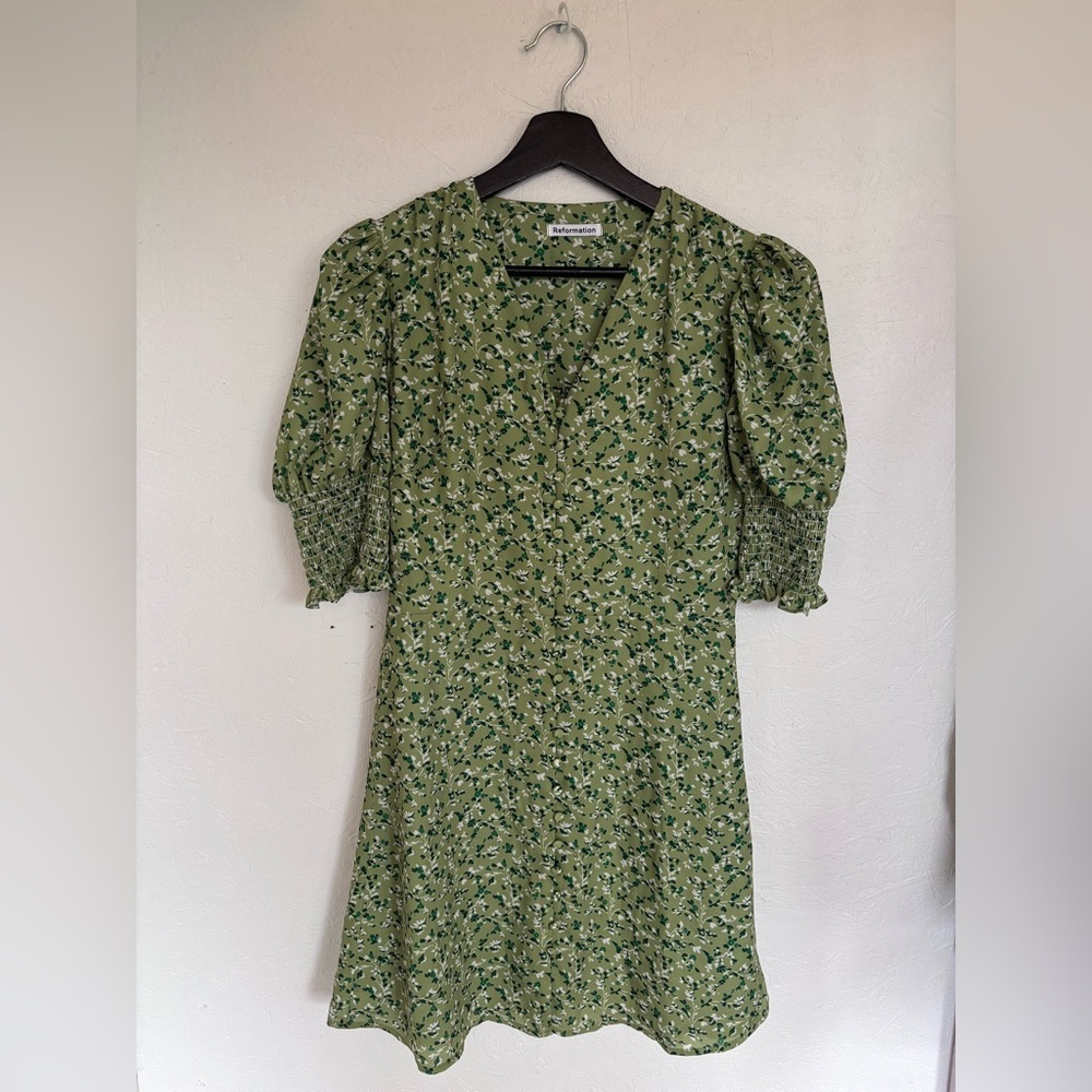 Reformation Green Alison Floral Button Down Short Puff Sleeve Mini Sun Dress - Picture 5 of 14